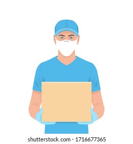 Young Delivery Man in blue uniform holding the box in medical rubber gloves and mask. Delivery service. Flat Style. isolated on white background