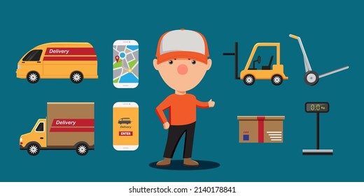 Young Delivery Man In Cap With Van, Truck, Forklift,  Parcel And Object Of Equipment In His Work, Map, Application In Smartphone In Cartoon Style For Graphic Designer, Vector Illustration