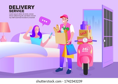 Joven repartidor o mensajero entregando un paquete o una caja a la mujer feliz. Entrega en la puerta a casa. Quédese en casa, concepto "Salven vidas". Ilustración del vector