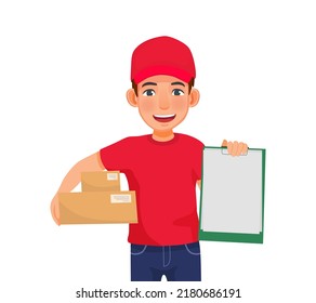 Young Delivery Man Or Courier Service With Red Cap Uniform Holding Box Package And Showing Clipboard Document To Sign