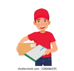 Young Delivery Man Or Courier Service With Red Cap Uniform Holding Box Package And Giving Clipboard Document To Sign