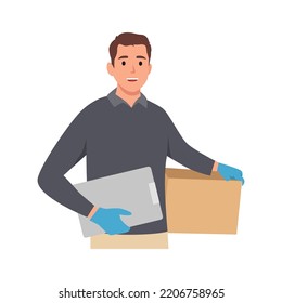 Young Delivery Man Or Courier Service With Red Cap Uniform Holding Box Package And Showing Clipboard Document . Flat Vector Illustration Isolated On White Background