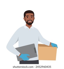 Young delivery man or courier service with uniform holding box package and showing clipboard document. Flat vector illustration isolated on white background
