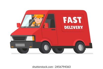 young delivery man drive red truck and speeding up