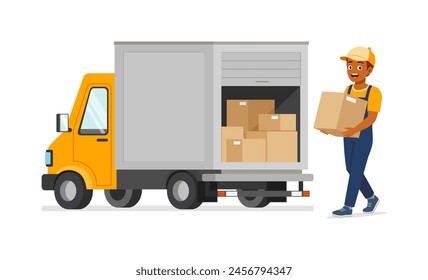 young delivery man holding box to fill truck