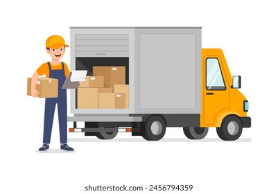 young delivery man holding box to fill truck