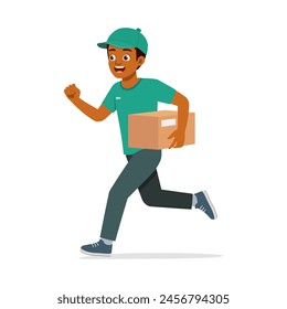 young delivery man holding package and run