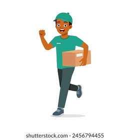 young delivery man holding package and run