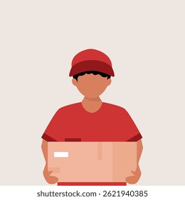 Young delivery man holding a parcel box. Delivery man in uniform with box in hands.Vector illustration