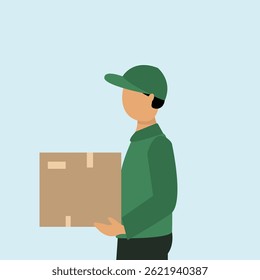 Young delivery man holding a parcel box. Delivery man in uniform with box in hands.Vector illustration