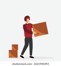 Young delivery man holding a parcel box. Delivery man in uniform with box in hands.Vector illustration