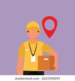 Young delivery man holding a parcel box. Delivery man in uniform with box in hands.Vector illustration