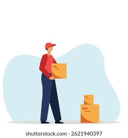 Young delivery man holding a parcel box. Delivery man in uniform with box in hands.Vector illustration