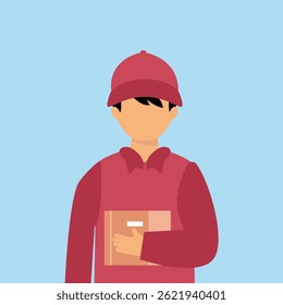 Young delivery man holding a parcel box. Delivery man in uniform with box in hands.Vector illustration