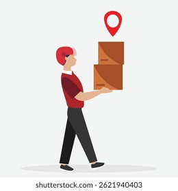 Young delivery man holding a parcel box. Delivery man in uniform with box in hands.Vector illustration