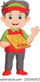 young delivery man holding a pizza box while isolated on white background of illustration
