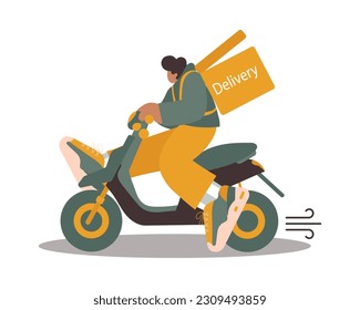 A young delivery man on an electric scooter. Cartoon trend illustration, vector