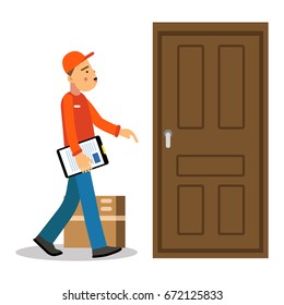 Young delivery man delivery parcel to the door, courier in uniform at work cartoon character vector Illustration