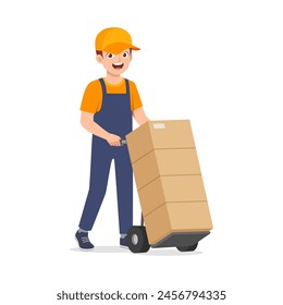 young delivery man push cart with package box