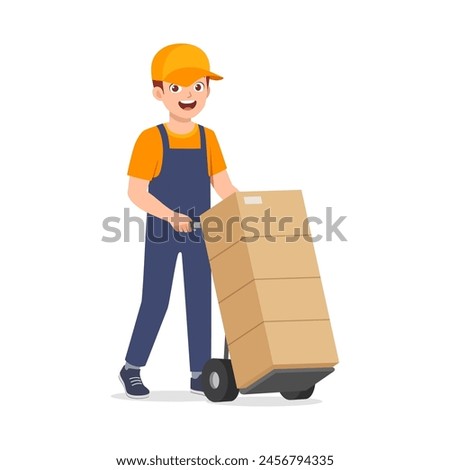 young delivery man push cart with package box