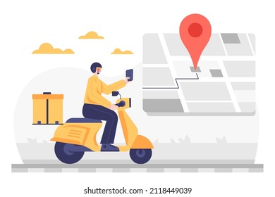 Young Delivery man riding motorbike and use smartphone searching address on application map, cartoon character, vector illustration