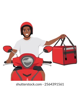 Young delivery man riding a red scooter delivering food. Flat Vector character illustration