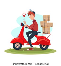 Young delivery man sitting on a scooter and see the phone. Fast delivery service concept. Isolated cartoon vector illustration