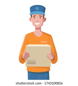 Ein junger Lieferant in Uniform bleibt bei der Kiste. Weißer Hintergrund. Vector-Abbildung.