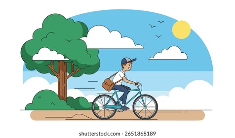 A young delivery person cycles through a park on a sunny day enjoying the pleasant weather
