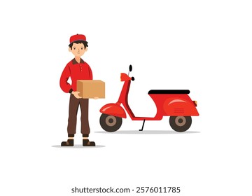  A young delivery person holding a package beside a red scooter, symbolizing efficient parcel delivery services. The design showcases reliability and modern logistics.