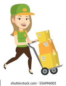 Young delivery postman with cardboard boxes on trolley. Delivery postman pushing trolley with boxes. Delivery postman delivering parcels. Vector flat design illustration isolated on white background. Immagine vettoriale stock