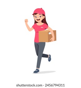 young delivery woman holding package and run