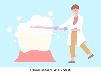 Young dentist is cleaning big tooth on bright blue background. Concept of dentistry, oral health, brushing teeth, hygiene, dental health. Flat vector illustration character.