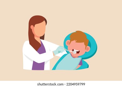 Young Dentist Woman Doing a Check Up to a Patient. happy kid Going to the Dentist. Dentist concept. Colored flat vector illustration.