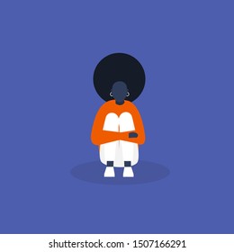 Young depressed black female character hugging her knees. Stages of grief. Emotional problems. Mental health. Modern life of millennials. Flat editable vector illustration, clip art 