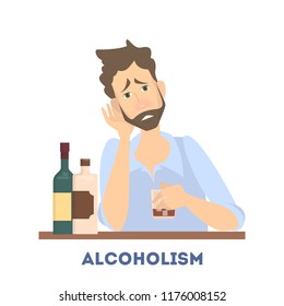 Young depressed drunk man drinking alcohol. Alcoholic with bottle of whiskey and wine. Alcohol addiction. Vector illustration in cartoon style.