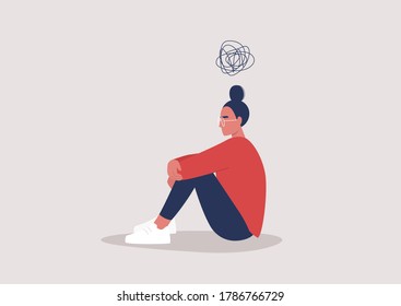 Young depressed female character sitting on the floor and holding their knees, a cartoon scribble above their head, mental health issues