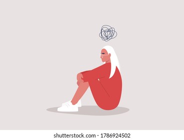 Young depressed female character sitting on the floor and holding their knees, a cartoon scribble above their head, mental health issues