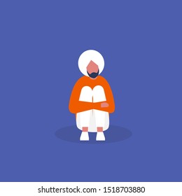 Young depressed indian character hugging his knees. Stages of grief. Emotional problems. Mental health. Modern life of millennials. Flat editable vector illustration, clip art 