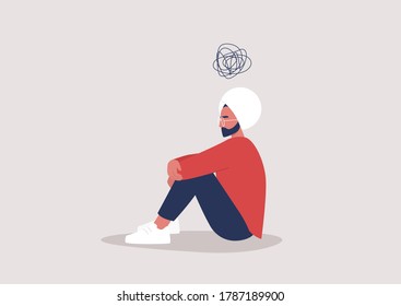 Young depressed indian male character sitting on the floor and holding their knees, a cartoon scribble above their head, mental health issues