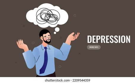 Junge depressive männliche Figur. ein Karikaturenkrebs über ihrem Kopf, psychische Probleme. Stress und Erschöpfung bei Ideen Konzept. Mann ist frustriert und steckt mit Ideen Vektorgrafik.