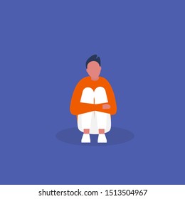 Young depressed male character hugging his knees. Stages of grief. Emotional problems. Mental health. Modern life of millennials. Flat editable vector illustration, clip art 