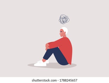 Young depressed male character sitting on the floor and holding their knees, a cartoon scribble above their head, mental health issues