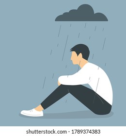 Young depressed male character sitting Under the rain and holding their knees, mental health issues. vector illustration