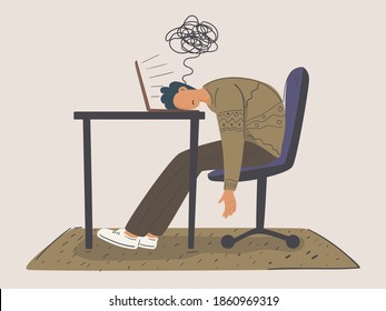 Young depressed male, man asleep on the laptop, a tangled thread above their head, men using laptops. Studying, browsing internet, social media, blogging. hand drawn vector illustrations.