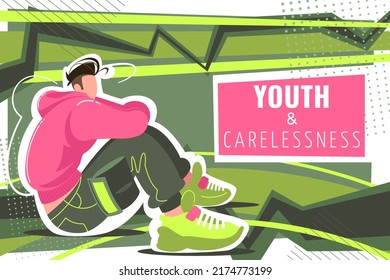 Young Depressed Man Sits and Squats Sad. Lonely Teenager Goes Through Breakup With His Beloved Girlfriend.Concept Of Depression, Mental Health, Psychology Problems, Abuse. Vector Cartoon Illustration