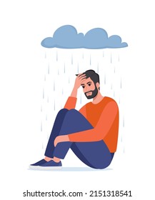 Joven hombre deprimido sentado bajo una metafórica nube de lluvia. Hombre solitario y triste abrazándose las rodillas. Concepto de depresión, salud mental, problemas de psicología, abuso. Ilustración del vector