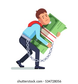 Young depressed and sad business man chained and shackled to a big dollar cash pack. Addicted to money hugging in his arms. Modern flat style concept vector illustration isolated on white background.