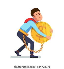 Young depressed and sad business man chained and shackled to a big gold dollar coin. Addicted to money in his arms. Modern flat style concept vector illustration isolated on white background.