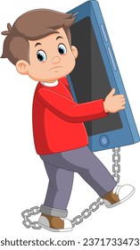 Joven hombre deprimido y triste encadenado y encadenado a un gran teléfono móvil inteligente de ilustración